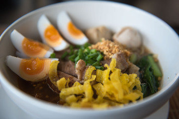 closeup Thai noodles with boiled in a bowl. At restaurant