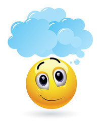 Smiley and imagination. Vector illustration of thoughtful smiley with cloud above his head.