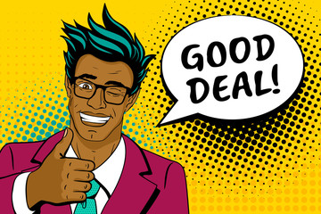 Wow pop art face. Happy young handsome surprised african man in glasses and suit shows thumb up smiling, speech bubble and good deal lettering. Vector background in pop art retro comic style. 