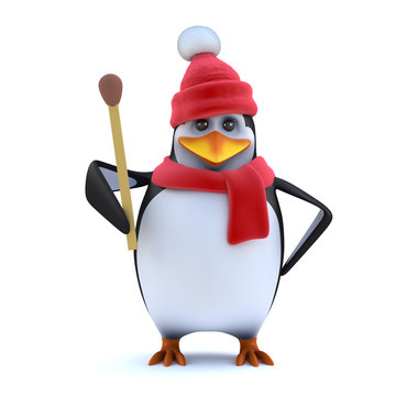 3d Winter penguin holds a match to it
