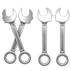 Relationship tools concept / 3D illustration of chrome spanners with male and female faces
