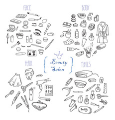 Hand-drawn line art collection of the different beauty objects. Kits of the beauty salon doodles. Four sets of the beauty icons on the white background.