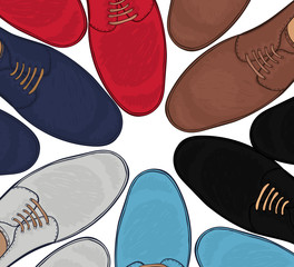 Advertising men s shoes assorted colors and sizes. Business style in clothes. Vector