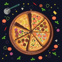 Set of pizza slices on the board and the food ingredients: cheese and tomato, mozzarella and pepperoni, pepper and basil, salami. Italian restaurant menu.