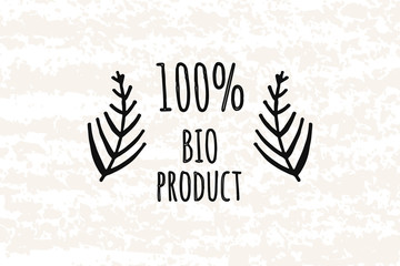 Logo in the style of hand drawn. Hands drawn elements in a decorative box, bio products. Fresh, organic ingredients. Sticker, badge, card for production in print and stores. Vector