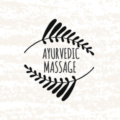 Logo in the style of hand drawn. Hand drawn elements in the decorative frame Ayurvedic treatments relaxation massage. Sticker, badge or card for production in print and stores. Vector