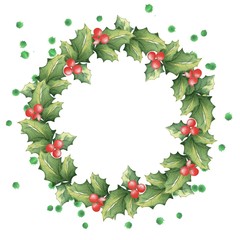Christmas wreath of mistletoe with watercolor splashes. Festive background. Handmade drawing. Isolated on white.