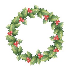 Christmas wreath of mistletoe. Festive watercolor background. Handmade drawing. Isolated on white.