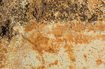 Rusty garage door or iron sheet. Rust stains and scratches on a gray metal background.