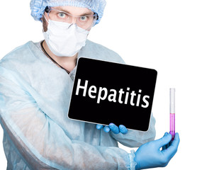 professional medical doctor showing tablet pc and hepatitis sign a display, isolated on white