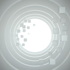 3d illustration. Round white tunnel with flying, falling cubes in perspective. Template, render.