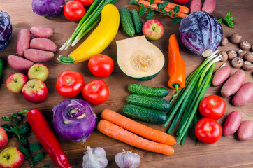 Fototapeta na wymiar Fresh Vegetables and fruits background. Healthy food concept.
