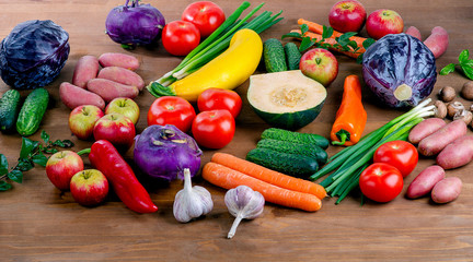 Fototapeta na wymiar Raw fresh Vegetables and fruits background.