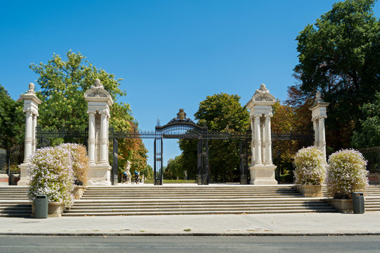 Gate of Spain, Park of the Pleasant Retreat, Madrid, Spain -  Policemen riding bikes