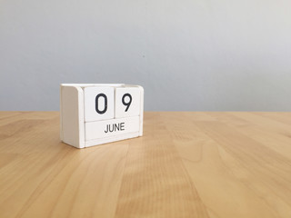 June 9th.June 9 white wooden calendar on vintage wood abstract b
