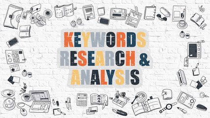 Multicolor Keywords Research and Analysis on White Brickwall. 