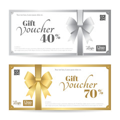 Elegant gift card or gift voucher template with shiny gold and silver bows and ribbon vector