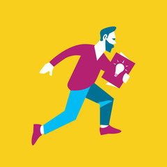Fototapeta na wymiar Young businessman running with startup project in hand, isolated vector illustration on yellow background. From idea to realization and success. Start up modern business concept