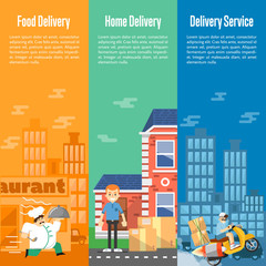 Delivery boy on scooter with cardboard boxes, postman with parcels near house, chef in uniform running with restaurant cloche. Food and home delivery service vertical banners, vector illustration