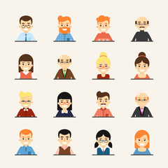 Various smiling cartoon faces, icons set. Group of cute happy diverse business people, vector illustrations isolated on white background. Avatars collection in flat design