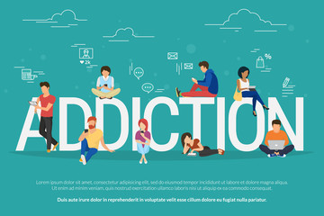 Addiction concept illustration of young people using devices such as laptop, smartphone, tablets. Flat design of people addicted to gadgets sitting on the bid letters with social media symbols
