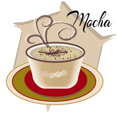 Mocha coffee also called Caffe with wooden saucer on white table. Interior shop. Main ingredients of is chocolate, espresso, hot milk. Cartoon style, smoke