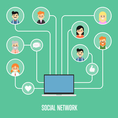 Round people icons connected with laptop. Social network banner on green background, vector illustration. Smiling cartoon characters. Chatting communication. Teamwork concept.
