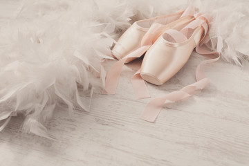 Pink ballet pointe shoes and feather on white wood background - obrazy, fototapety, plakaty