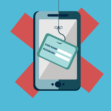 Data Phishing, credit or debit card on fishing hook, mobile phone, internet security. Flat design vector illustration.