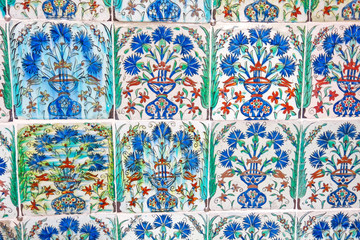 Ancient hand made Turkish - Ottoman tiles, in Topkapi palace, Istambul, Turkey