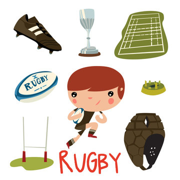 rugby equipment set. rugby cute kid vector character.