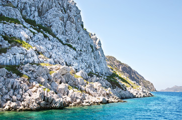 Turquoise water of the Aegean Sea from the rocky island, Turkey