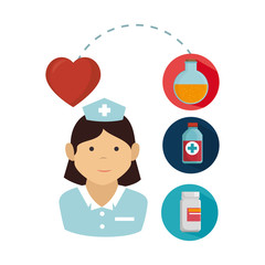 avatar woman  nurse medical assitance with medicine icons set. colorful design. vector illustration