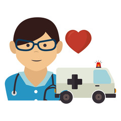 avatar medical man doctor with ambulance vehicle and red heart. vector illustration