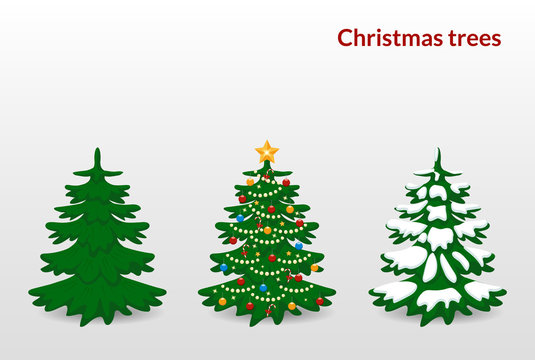 Vector illustration. Set of Christmas trees - green, decorated with balls, stars, garland, candy and snow.