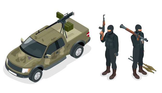 Isometric Model Of Pickup Truck Armed With Machine Gun. Spec Ops Police Officers SWAT In Black Uniform. Soldier, Officer, Sniper, Special Operation Unit, SWAT Flat 3d Isometric Illustration.