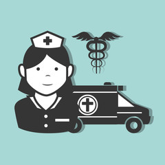 avatar woman nurse medical assitance with medicine caduceus symbol and emergency ambulance vehicle. vector illustration