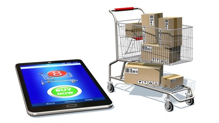 
Online shopping, internet purchases and e-commerce concept, modern mobile phone with buy button on the screen and shopping cart full of package boxes isolated on white 