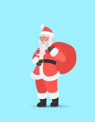 Santa Claus carrying big sack on his shoulder. Cute christmas character