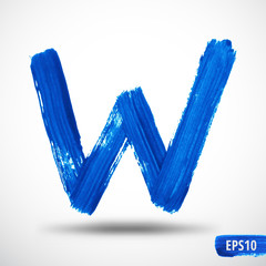 Letter W. Blue watercolor alphabet symbol on bright background. Vector illustration