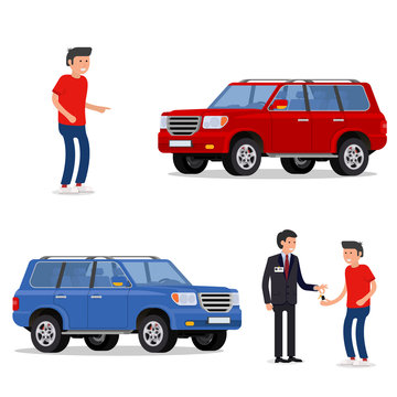 design concept of choice car, buying, sale, rent and hire cars . Vector, cool flat, illustration. Vector detailed character buyer and seller