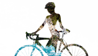 Double exposure of a naked woman with a bicycle