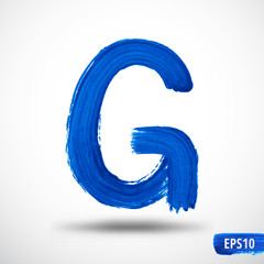 Letter G. Blue watercolor alphabet symbol on bright background. Vector illustration