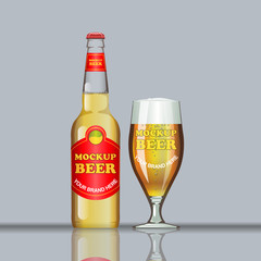 Digital vector glass of brown beer with bubbles mockup, red bottle, realistic flat style, isolated and ready for your design and logo