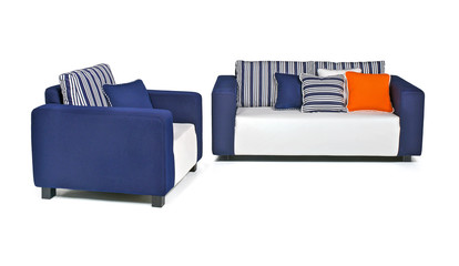 Indoor outdoor sofa set in blu and-white fabrics