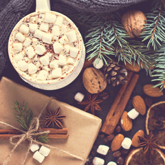 Obraz na płótnie Canvas Cocoa, coffee with marshmallows, nuts, gift