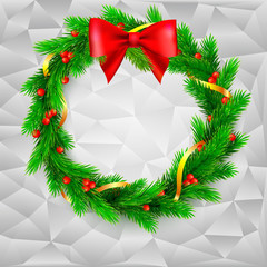 Christmas wreath, fir branches, red berries and bow, golden ribbon