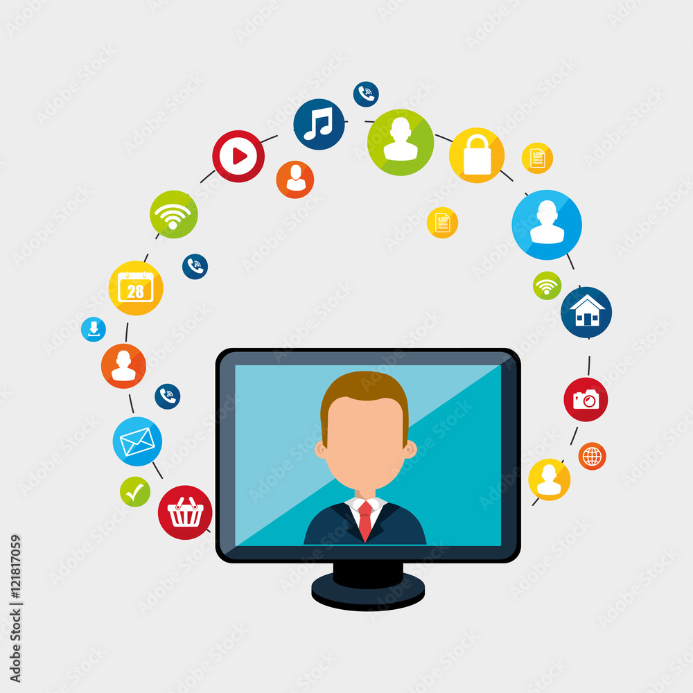 Poster avatar man on computer monitor screen and social media and network icon set. vector illustration