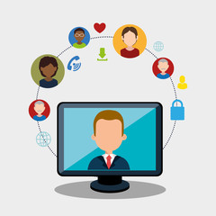 avatar man on computer monitor screen and social media and network  icon set. vector illustration