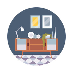 Retro interior with a sideboard bookcase, pictures, lamp in a circle. Cartoon vector flat-style illustration